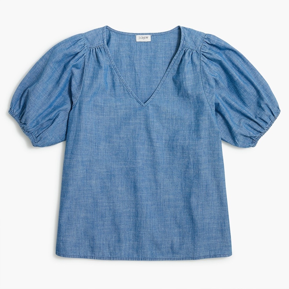 JCrew Chambray V-Neck Puff Sleeve Top in Seashore Blue Wash.  Size M.